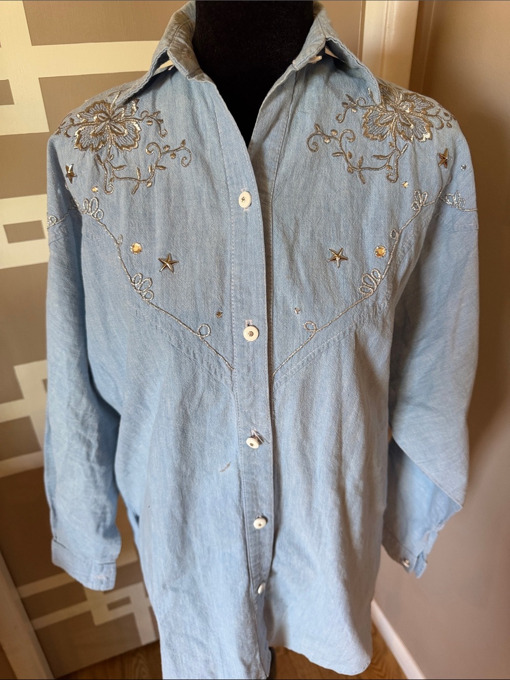 RARE Vintage 1970s H Bar C Western Shirt w/Silver Embroidery & Stud Accents